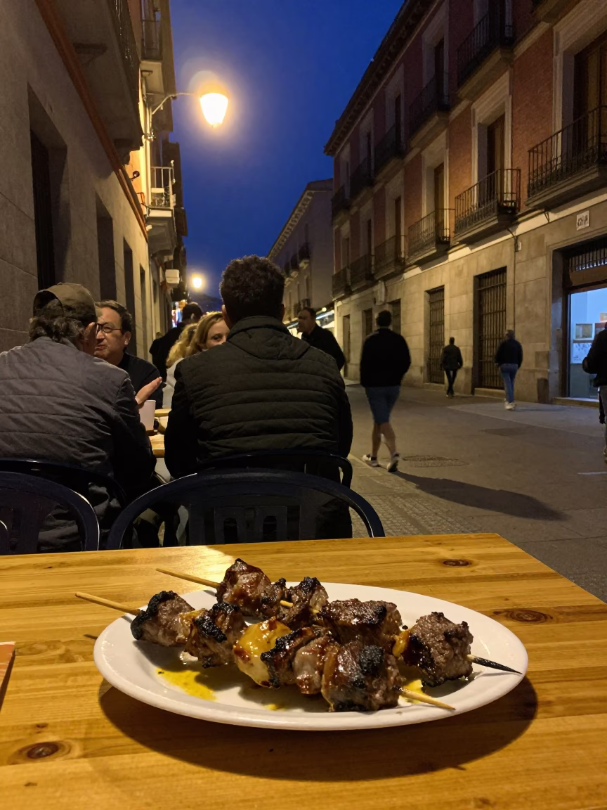 Late Night Madrid Street Scene with Anticuchos and Night Sky in in Madrid, Spain