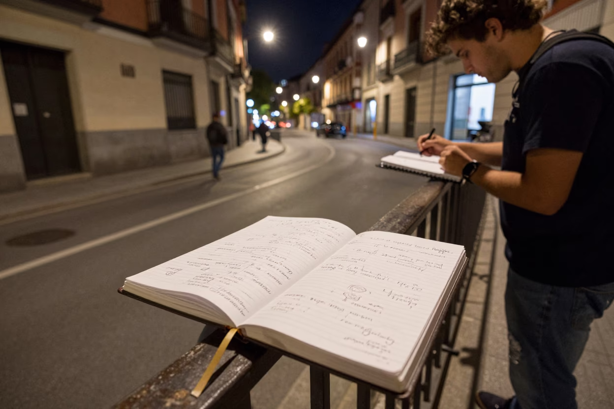 Late Night Madrid Street Scene with Biologist Notebook and Insect Specimens in in Madrid, Spain