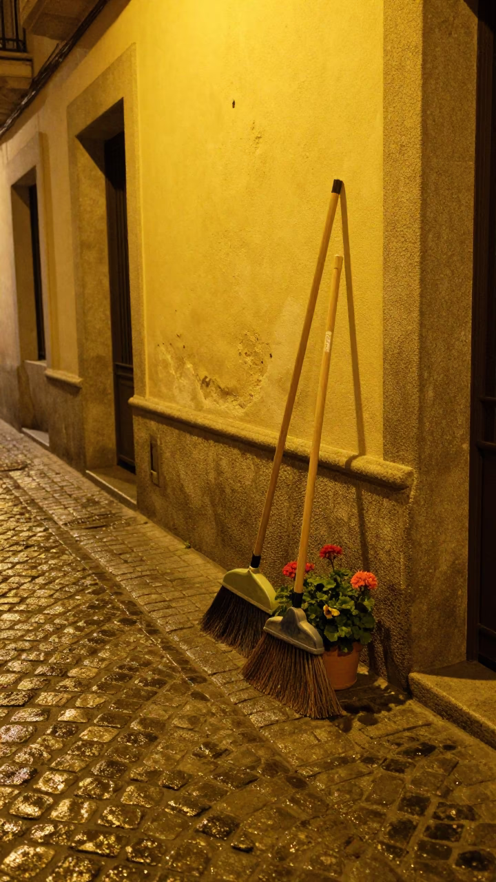 Late Night Madrid Street Scene with Brooms and Geraniums in in Madrid, Spain