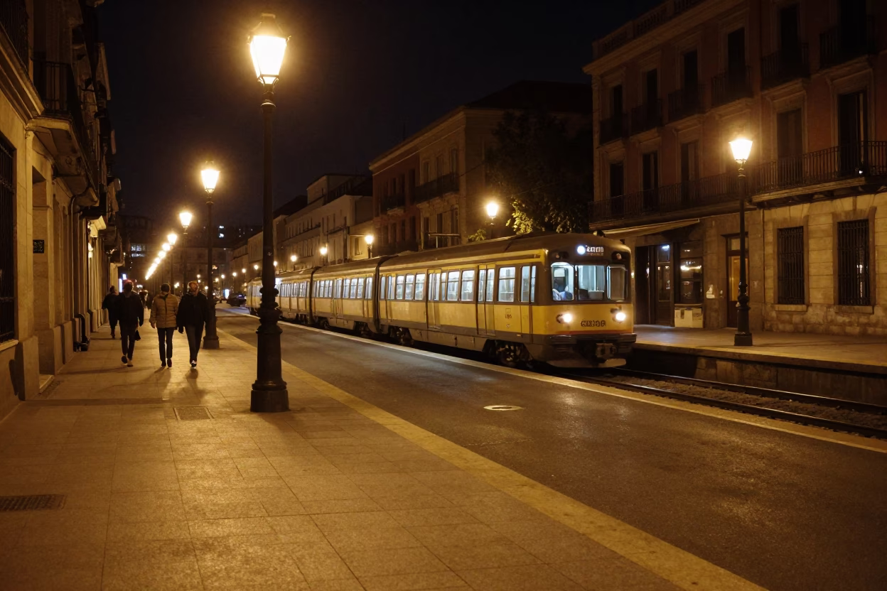 Late Night Madrid Street Scene with Commuter Train and Door Handle in in Madrid, Spain