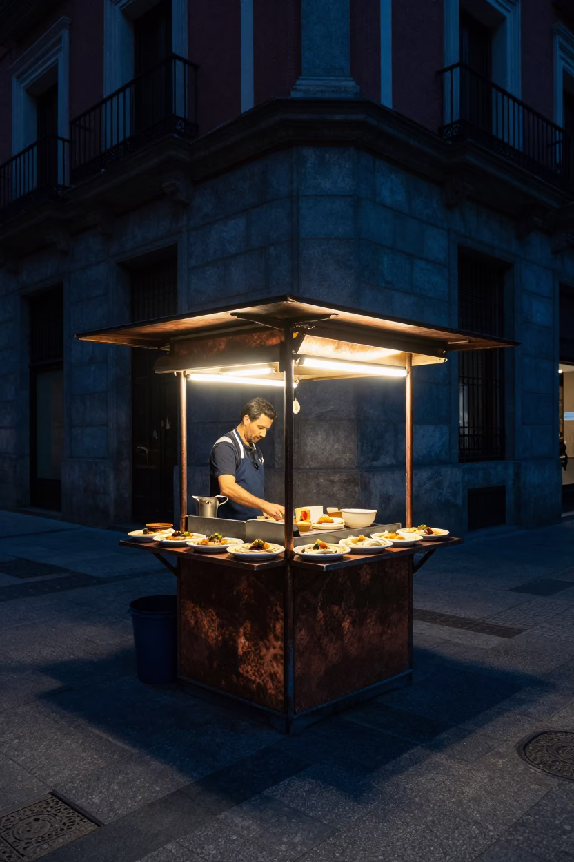 Late Night Madrid Street Scene with Copper Tray and Hinge Details in in Madrid, Spain
