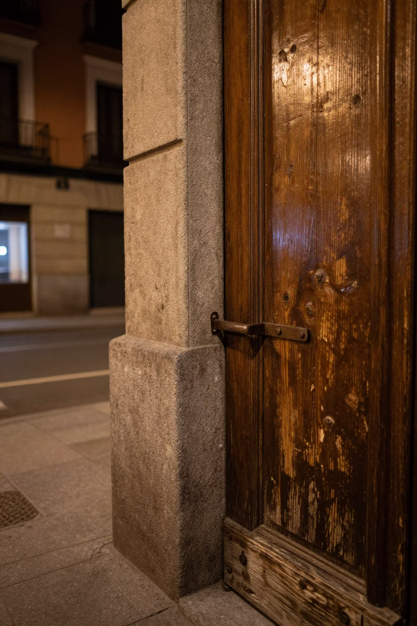 Late Night Madrid Street Scene with Deadbolt and Brushed Steel Detail in in Madrid, Spain