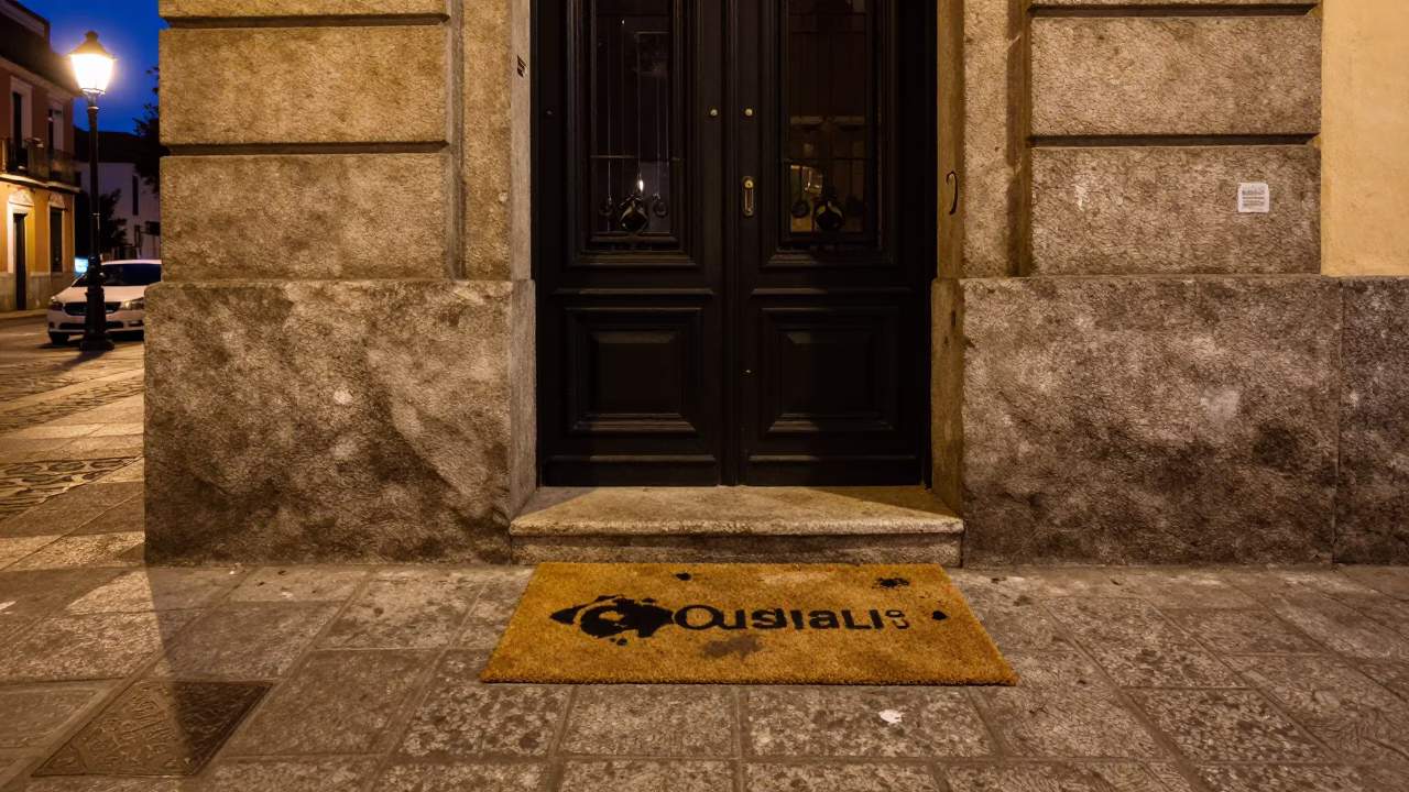 Late Night Madrid Street Scene with Doormat and Smudged Runner at Midnight in in Madrid, Spain