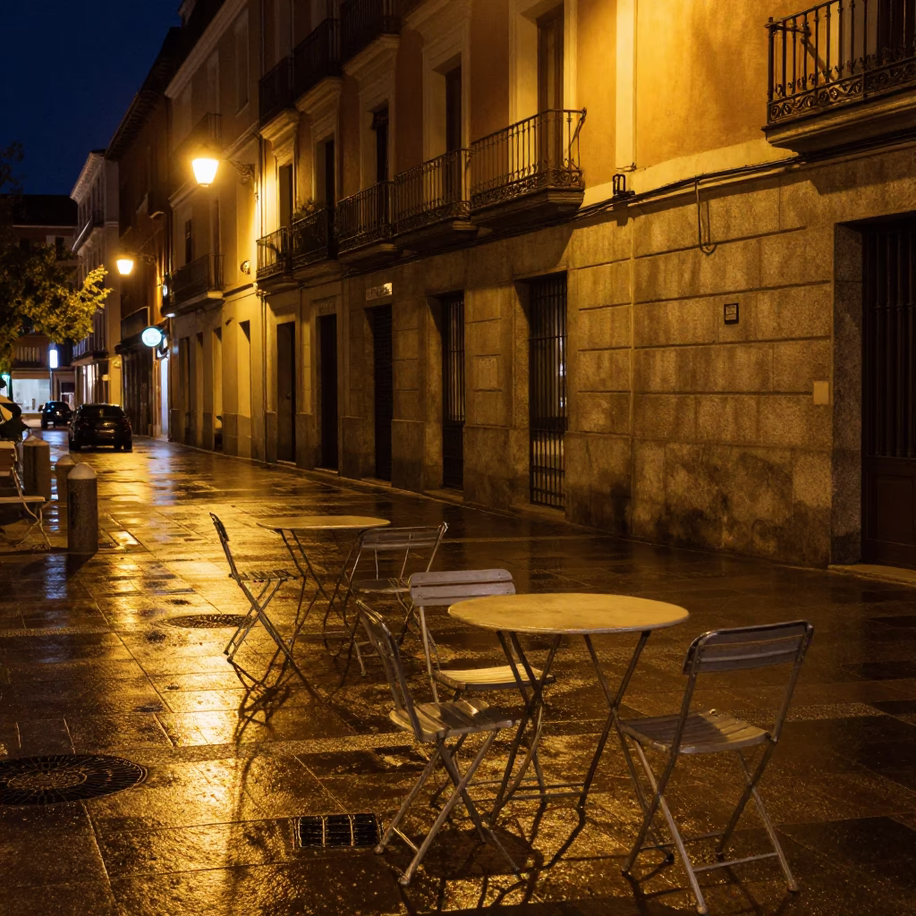 Late Night Madrid Street Scene with Folding Tables and Paint Flecks in in Madrid, Spain