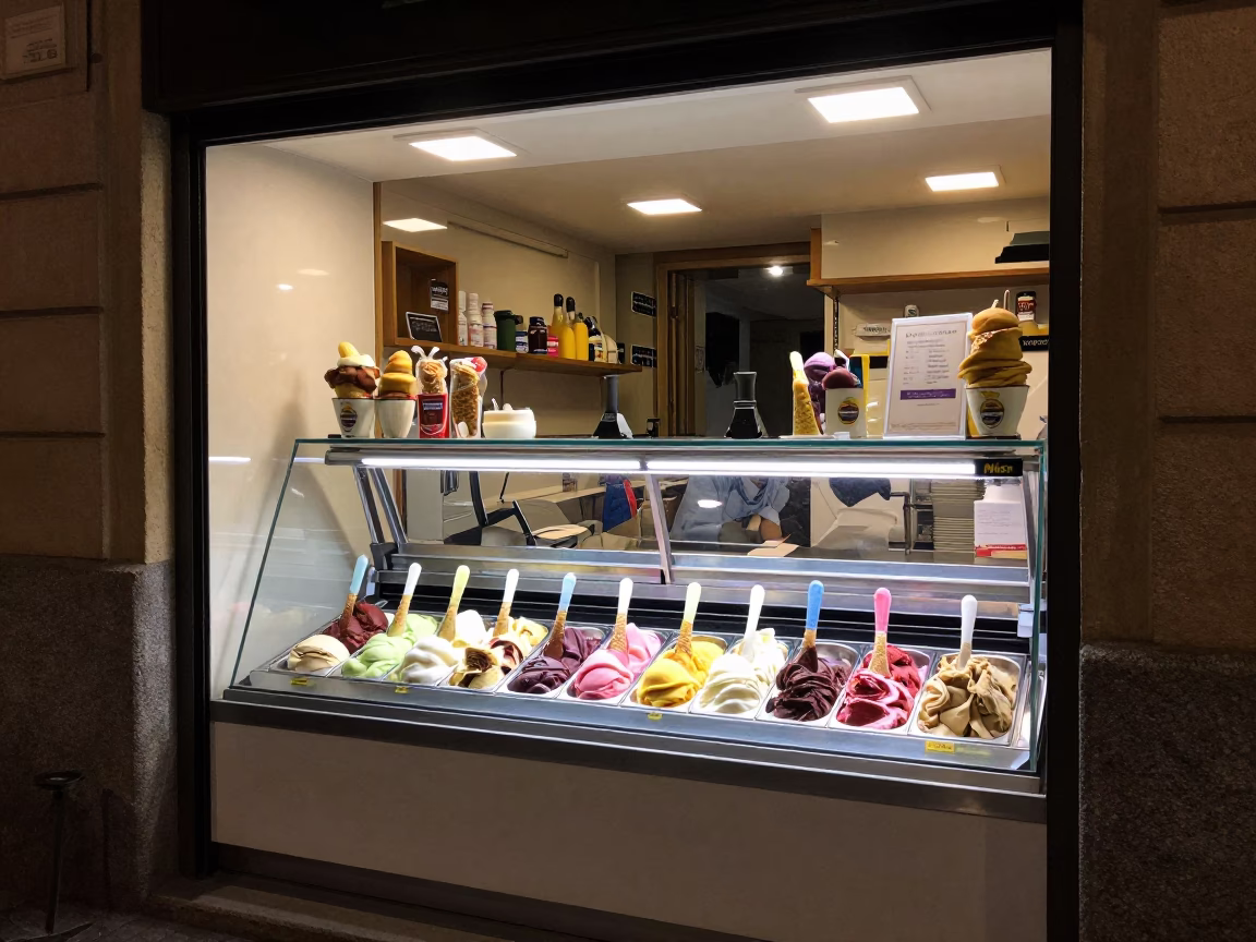 Late Night Madrid Street Scene with Gelato Display and Urban Details in in Madrid, Spain