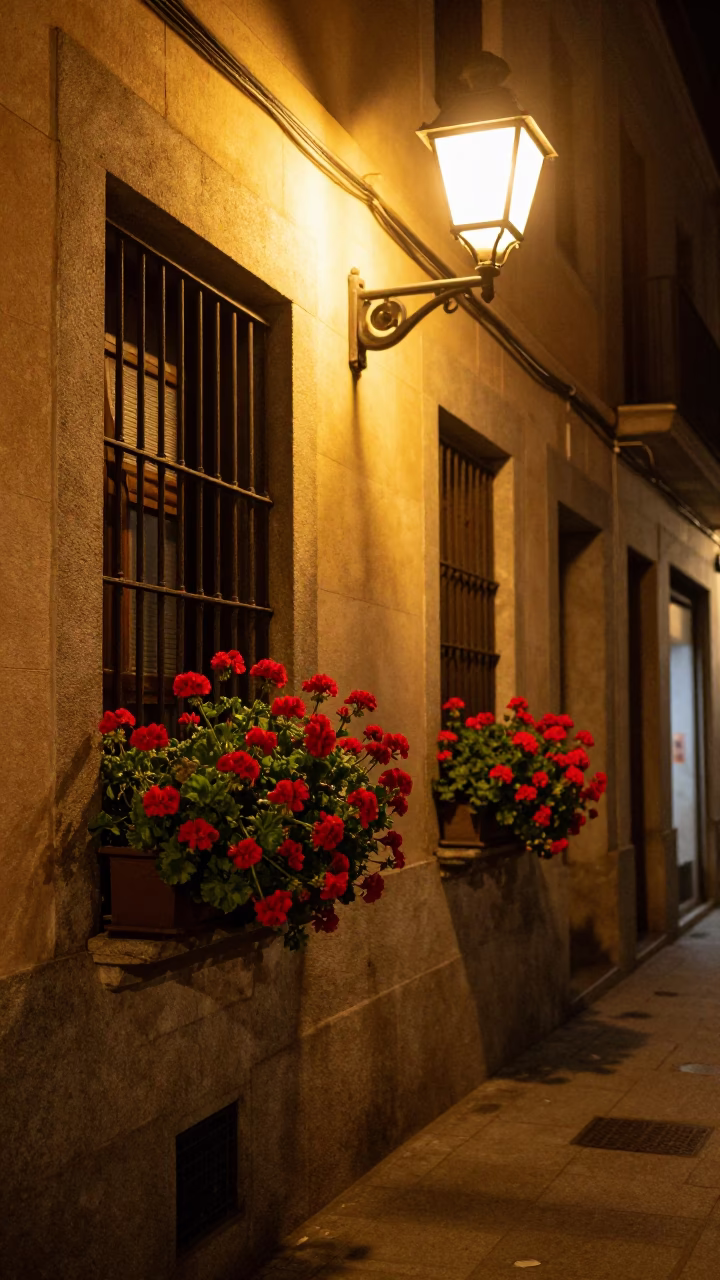 Late Night Madrid Street Scene with Geraniums and Urban Architecture in in Madrid, Spain