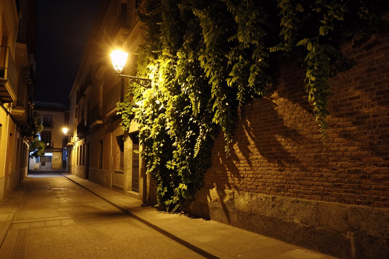 Late Night Madrid Street Scene with Ivy Brick Wall and Spindle Chair in in Madrid, Spain