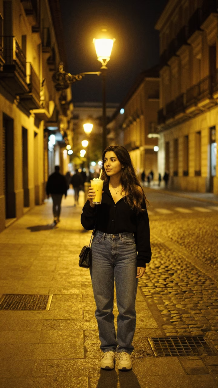 Late Night Madrid Street Scene with Mango Lassi and Pearls in in Madrid, Spain