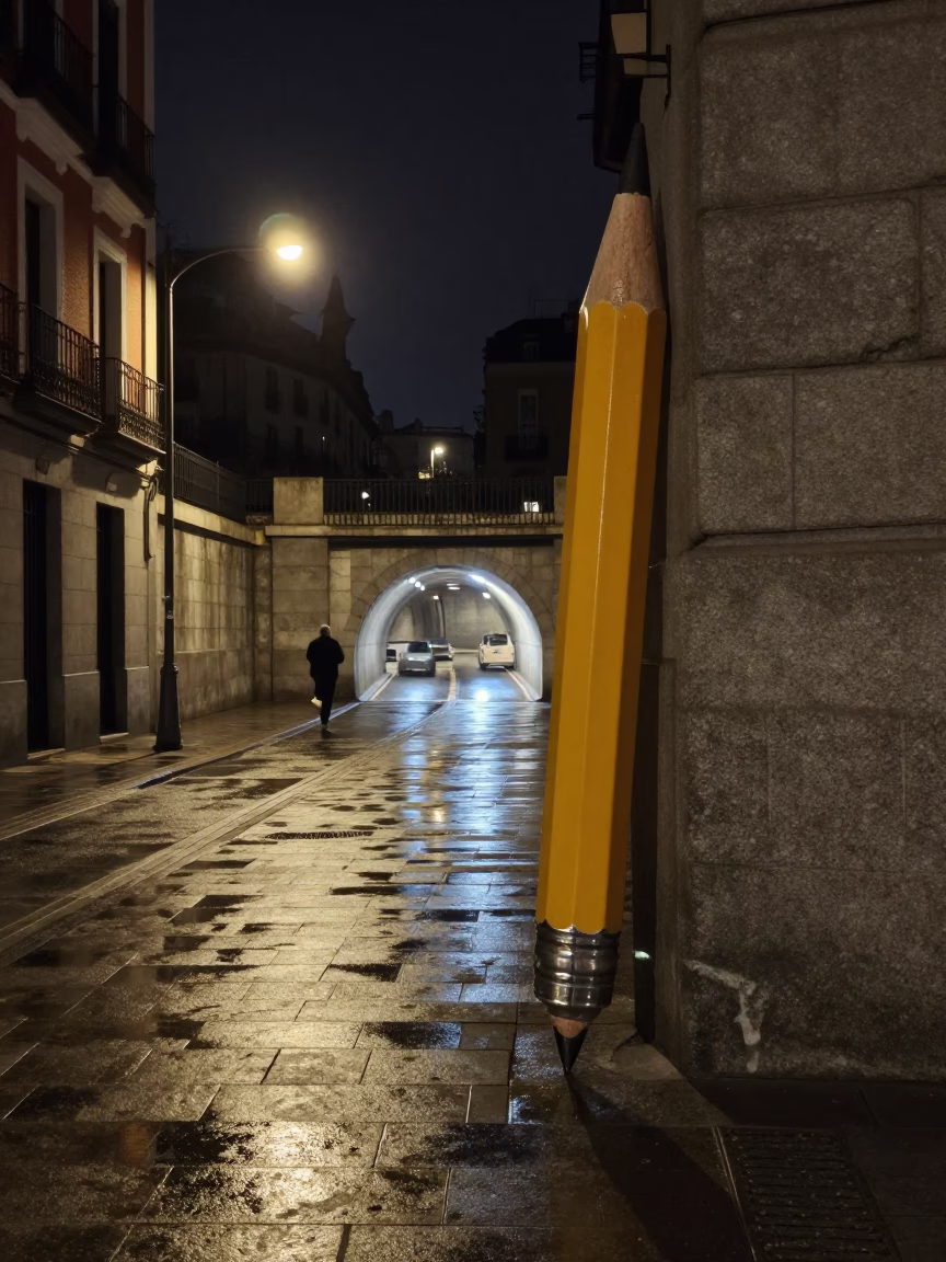 Late Night Madrid Street Scene with Mechanical Pencil and Concrete Tunnel Wall in in Madrid, Spain