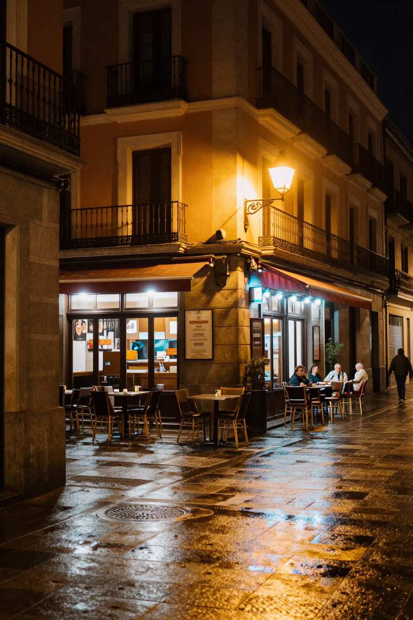 Late Night Madrid Street Scene with Neon Lights and Urban Details in in Madrid, Spain