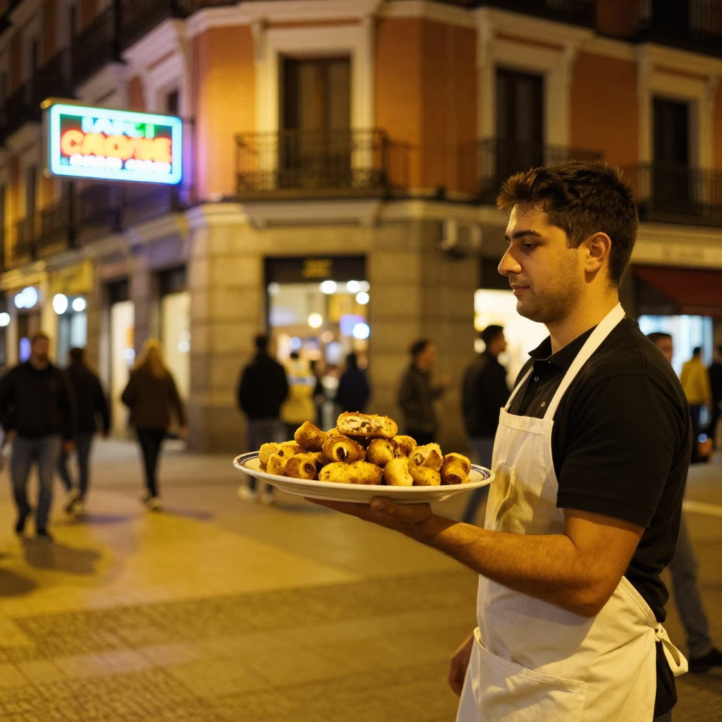 Late Night Madrid Street Scene with Neon Signs and Busy Sidewalk Traffic in in Madrid, Spain