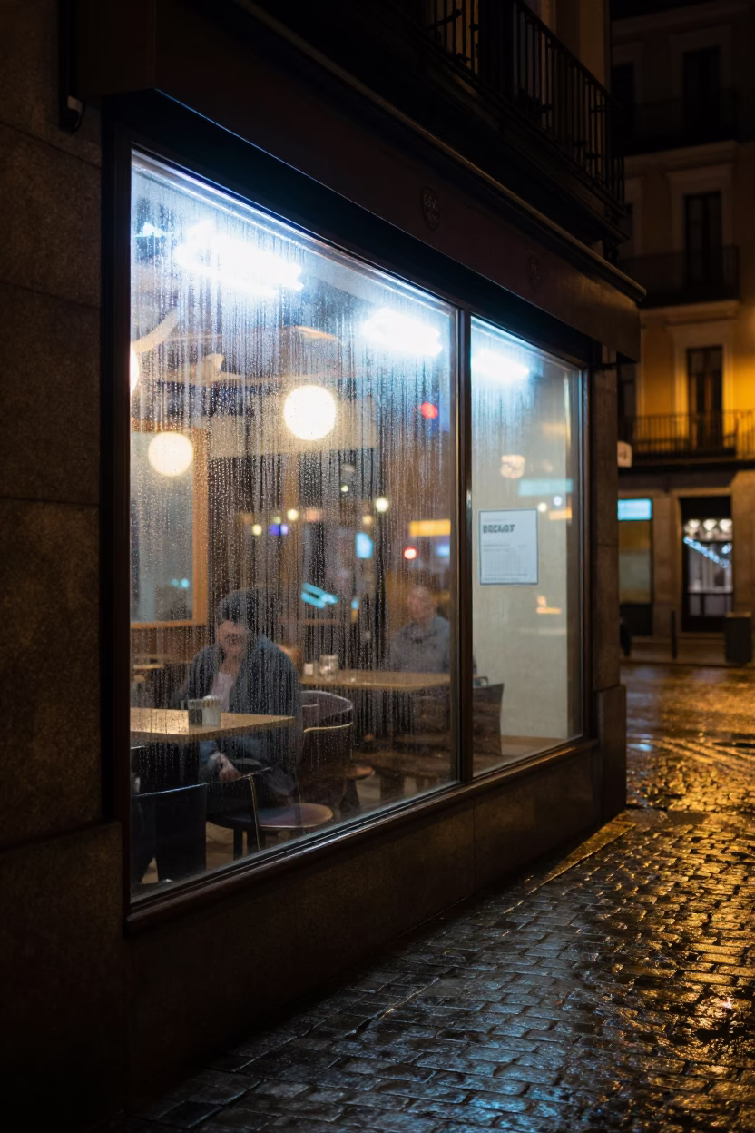 Late Night Madrid Street Scene With Neon Signs And Wet Pavement Reflections in in Madrid, Spain