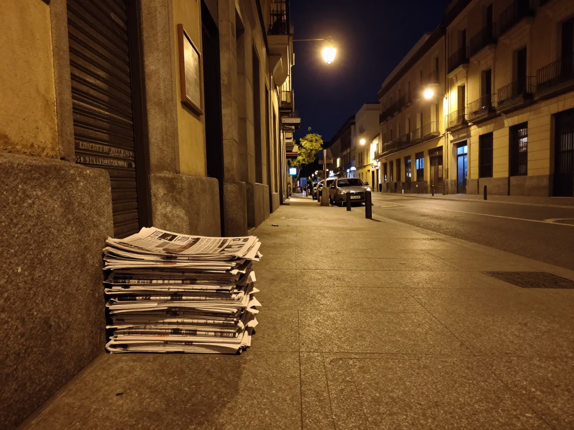 Late Night Madrid Street Scene with Newspaper Stack and Carafe on Sidewalk in in Madrid, Spain