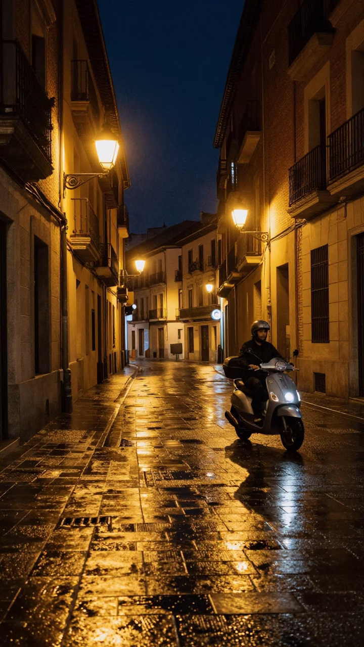 Late Night Madrid Street Scene with Scooter and Wet Cobblestones in in Madrid, Spain