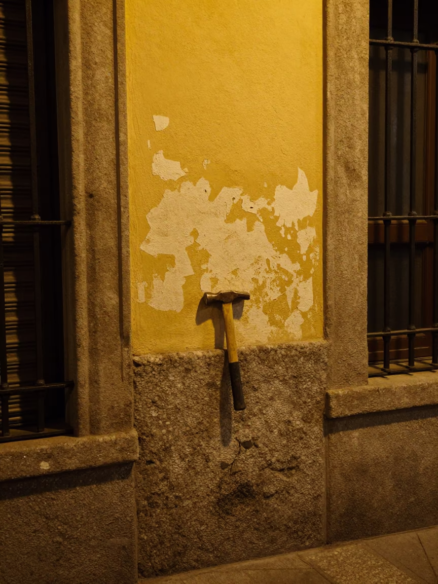 Late Night Madrid Street Scene with Scratched Wall and Claw Hammer in Urban Setting in in Madrid, Spain