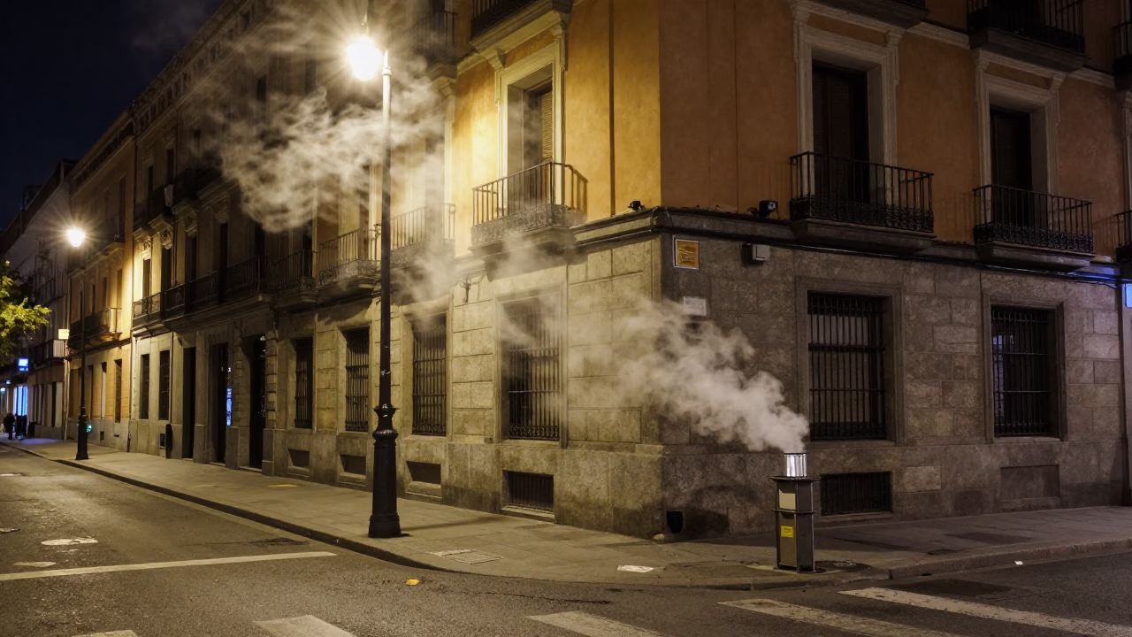 Late Night Madrid Street Scene with Steaming District Heating Pipe and Frost in in Madrid, Spain