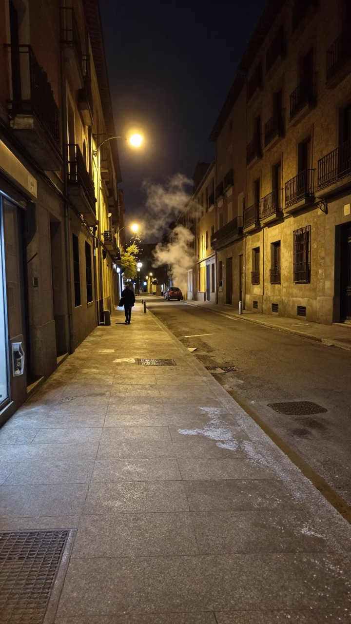 Late Night Madrid Street Scene with Steaming District Heating Pipes and Frost in in Madrid, Spain