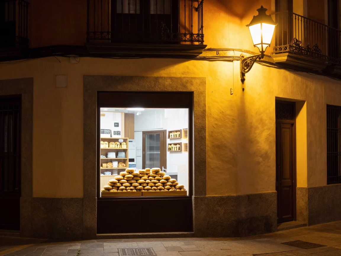Late Night Madrid Street Scene with Traditional Spanish Bakery Items and Urban Architecture in in Madrid, Spain
