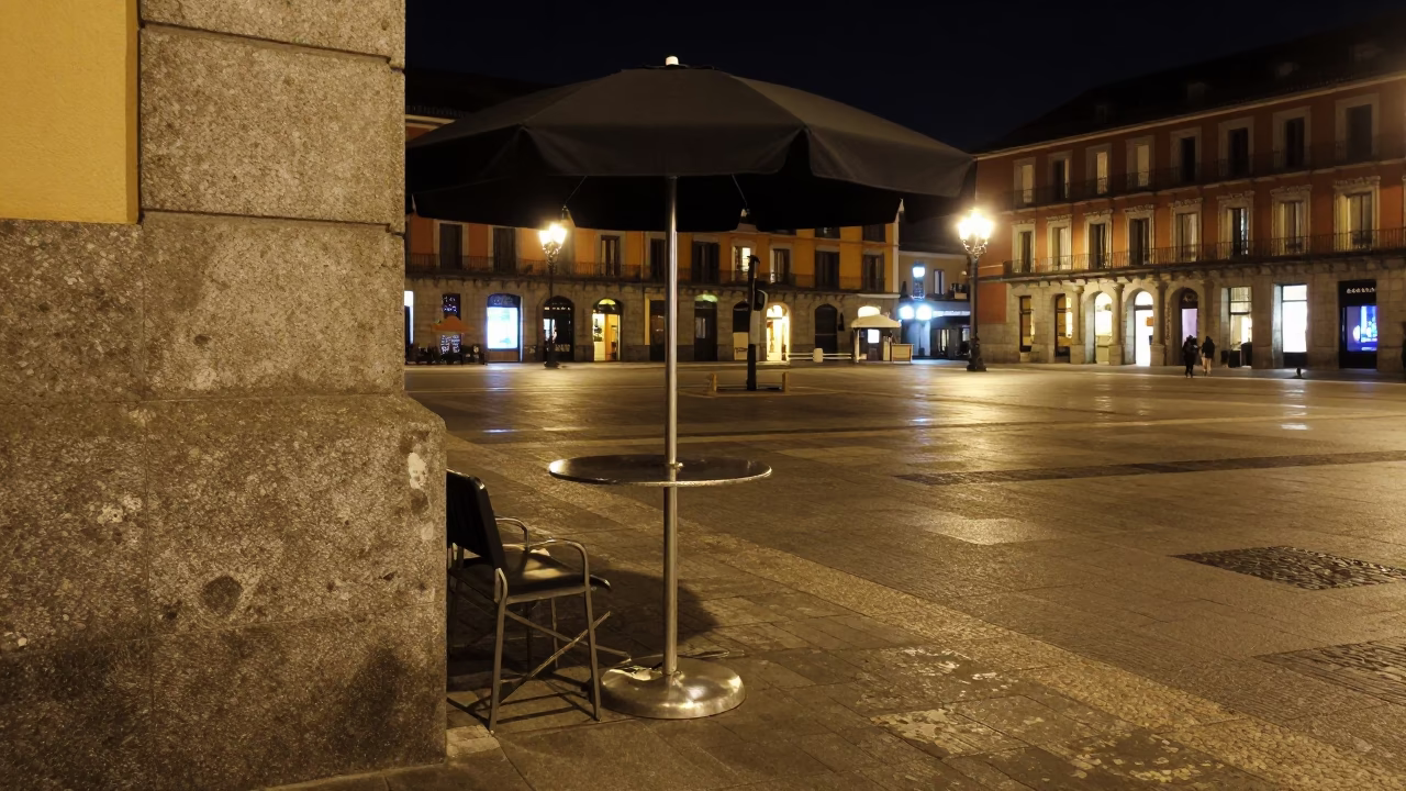 Late Night Madrid Street Scene with Umbrella Stand and Ashtray on Cobblestone Plaza in in Madrid, Spain