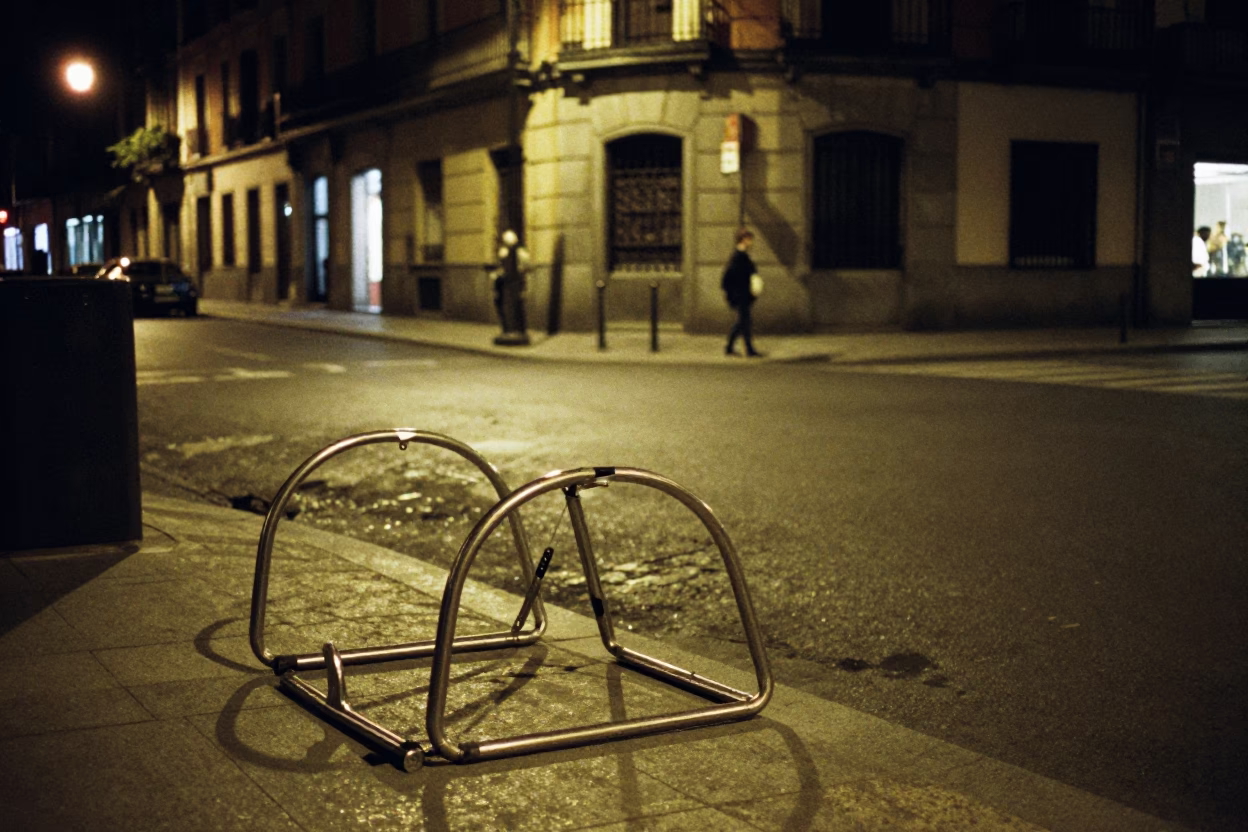 Late Night Madrid Street Scene with Vintage 1970s Aesthetic and Urban Details in in Madrid, Spain