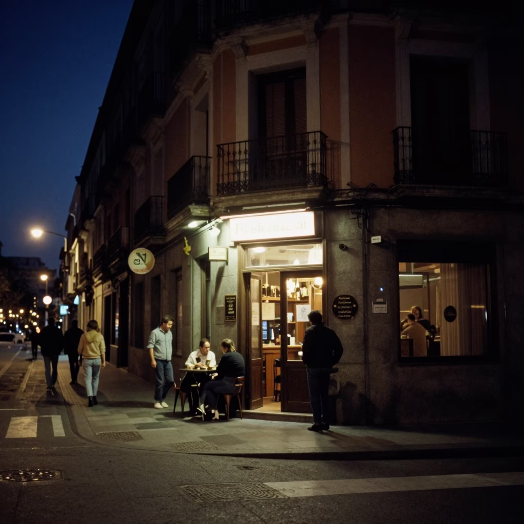 Late Night Madrid Street Scene with Vintage 1980s Aesthetic and Urban Details in in Madrid, Spain