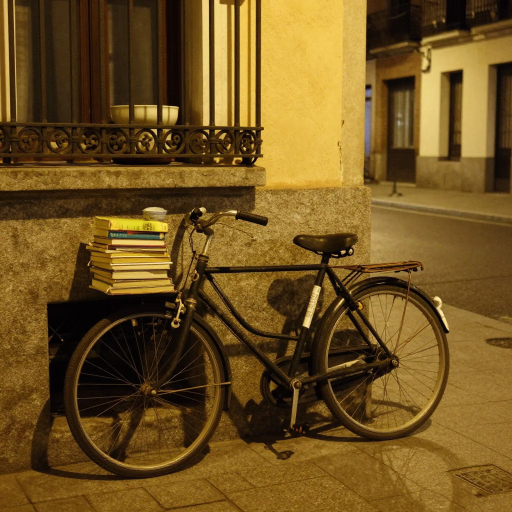 Late Night Madrid Street Scene with Vintage Bicycle and Cookbooks on Balcony in in Madrid, Spain