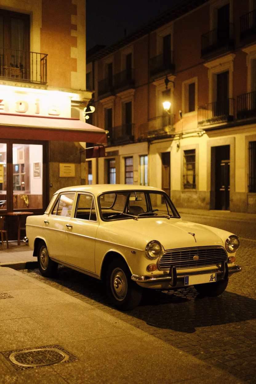 Late Night Madrid Street Scene with Vintage Car and Neon Cafe Sign in in Madrid, Spain