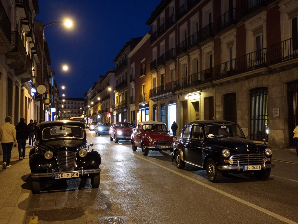 Late Night Madrid Street Scene with Vintage Car Rally and Urban Details in in Madrid, Spain