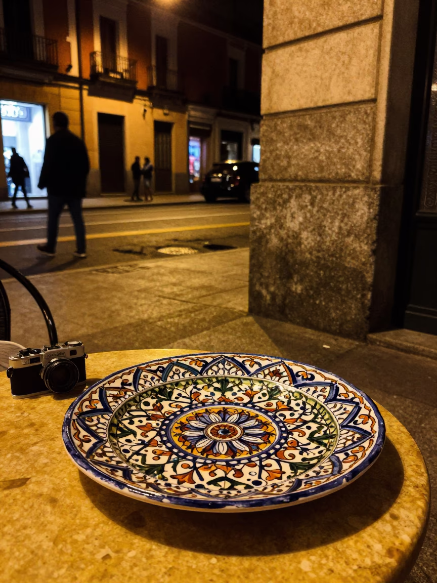 Late Night Madrid Street Scene with Vintage Majolica Plate and Cleaning Equipment in in Madrid, Spain
