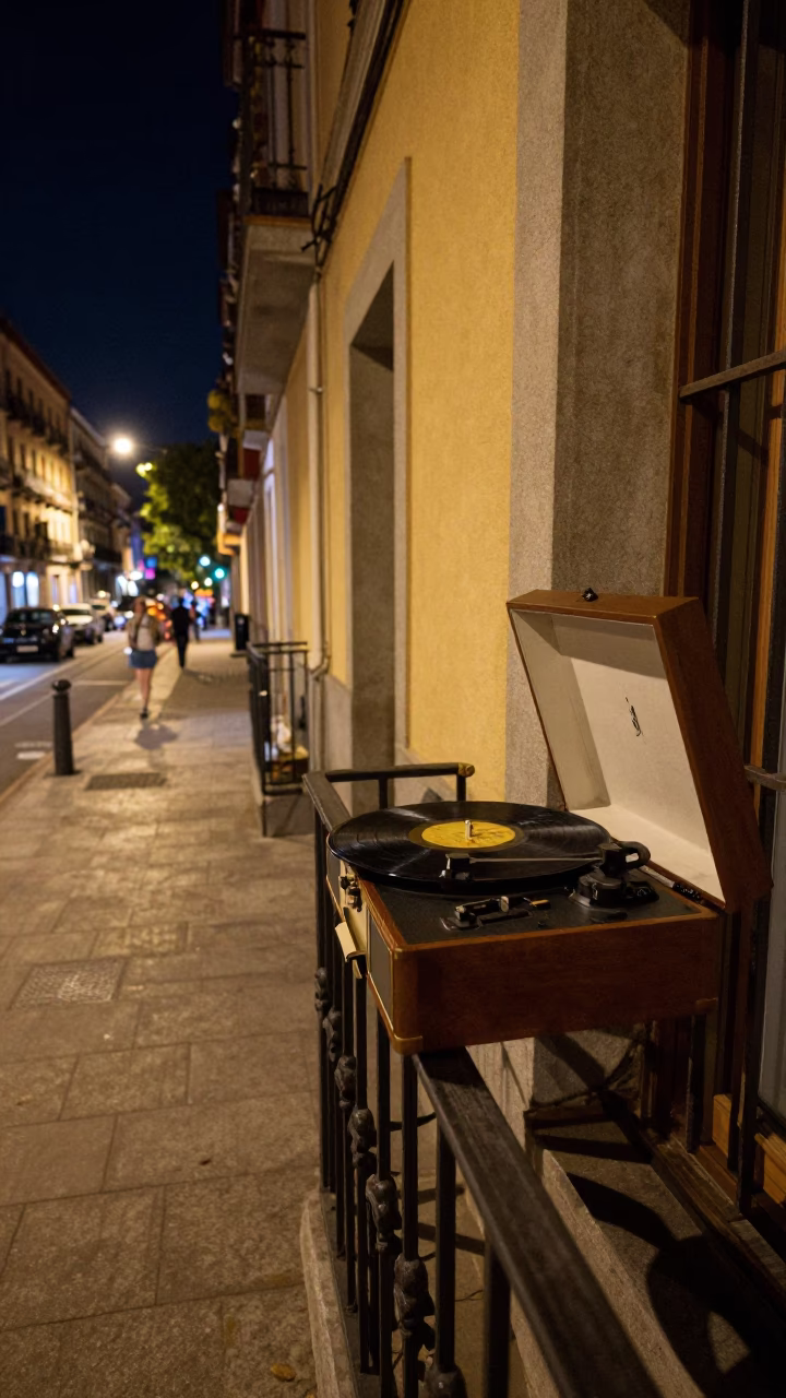Late Night Madrid Street Scene with Vintage Record Player and Ashtray on Balcony in in Madrid, Spain