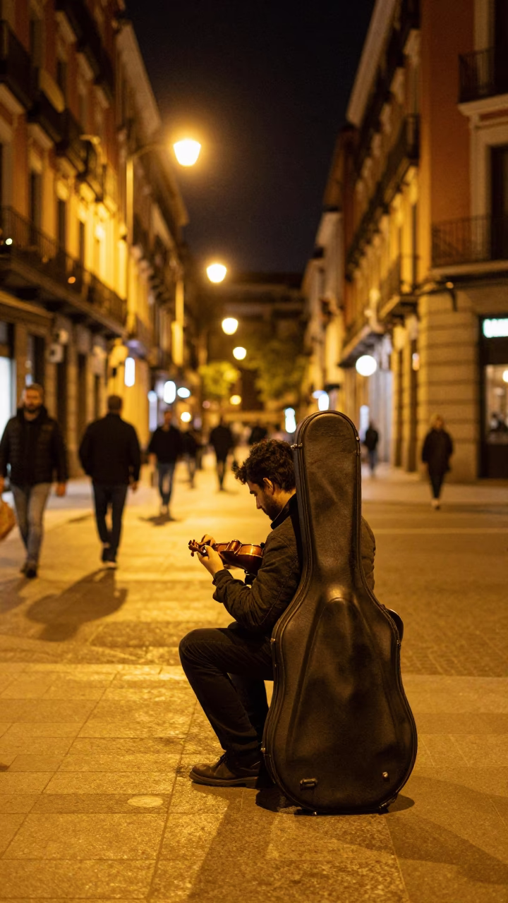Late Night Madrid Street Scene with Violin Case and Wicker Basket in in Madrid, Spain