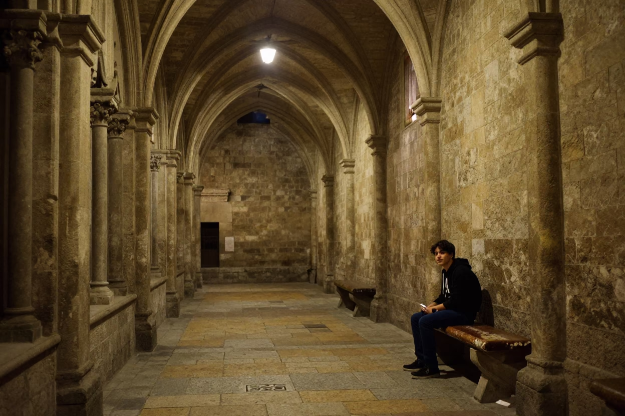 Late Night Madrid University Cloister Walkway Between Old Stone Buildings in in Madrid, Spain