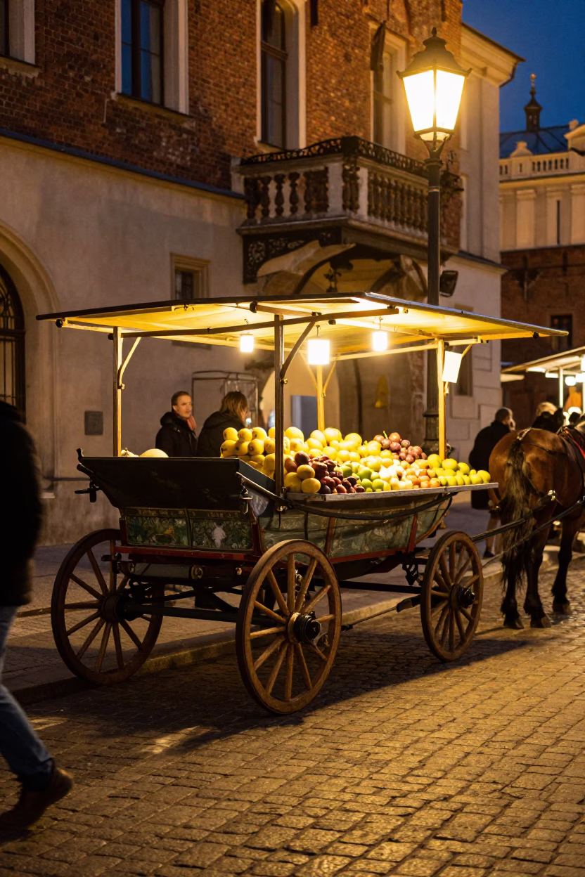 Late Night Market Stall with Horse Drawn Wagon and Carrots in Krakow Poland in in Krakow, Poland