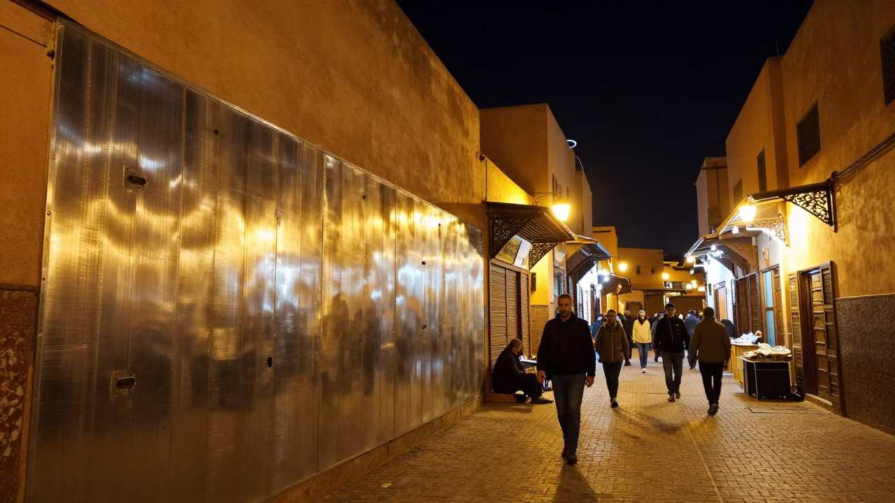 Late Night Marrakech Souk Street Scene with Brushed Steel Wall and Colorful Lanterns in in Marrakech, Morocco