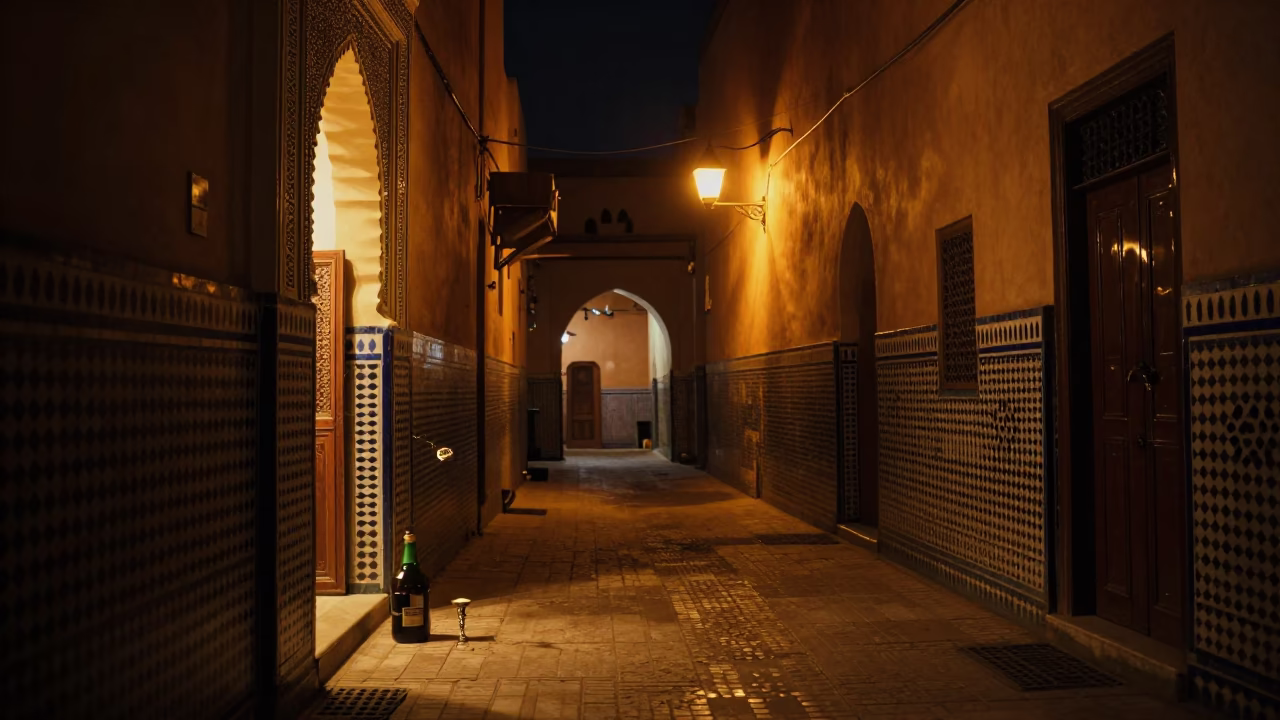 Late Night Marrakech Street Scene with Bottle and Taper Candle in in Marrakech, Morocco