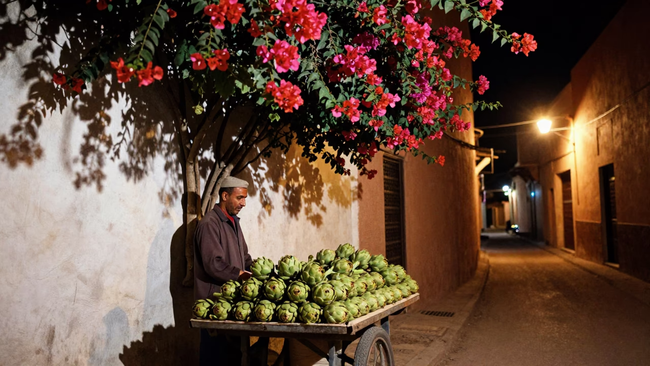 Late Night Marrakech Street Scene with Bougainvillea and Traditional Lanterns in in Marrakech, Morocco