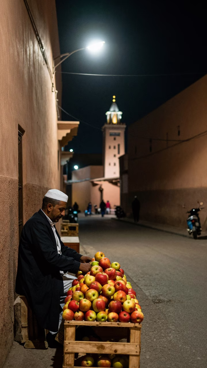 Late Night Marrakech Street Scene with Candlestick and Apples in Moroccan Souk in in Marrakech, Morocco