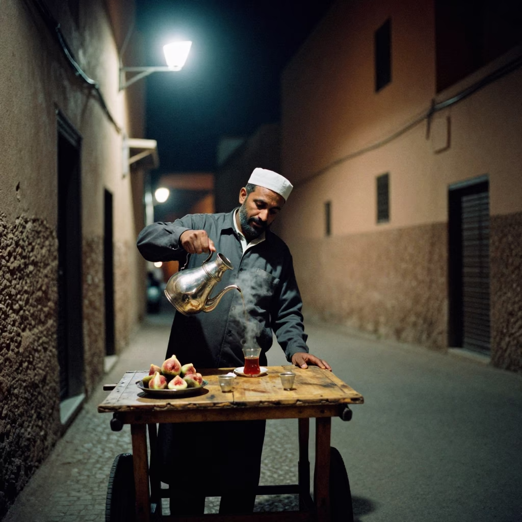 Late Night Marrakech Street Scene with Carafe and Fig Tree in Morocco in in Marrakech, Morocco