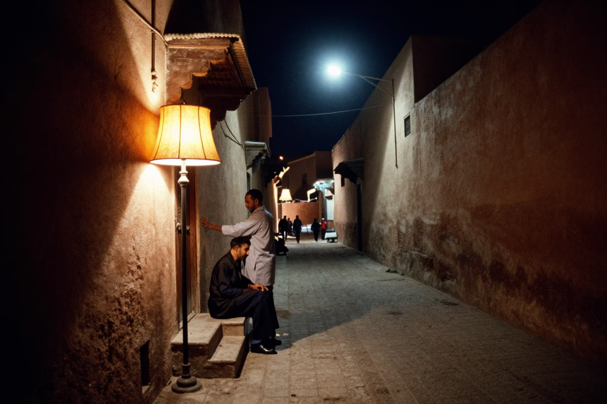 Late Night Marrakech Street Scene with Lampshade and Step Stool in Medina in in Marrakech, Morocco
