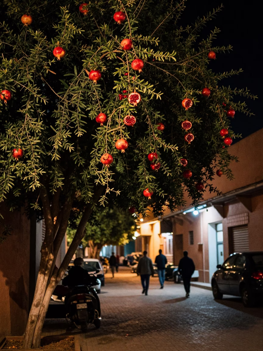 Late Night Marrakech Street Scene with Pomegranate Tree and Sink in in Marrakech, Morocco