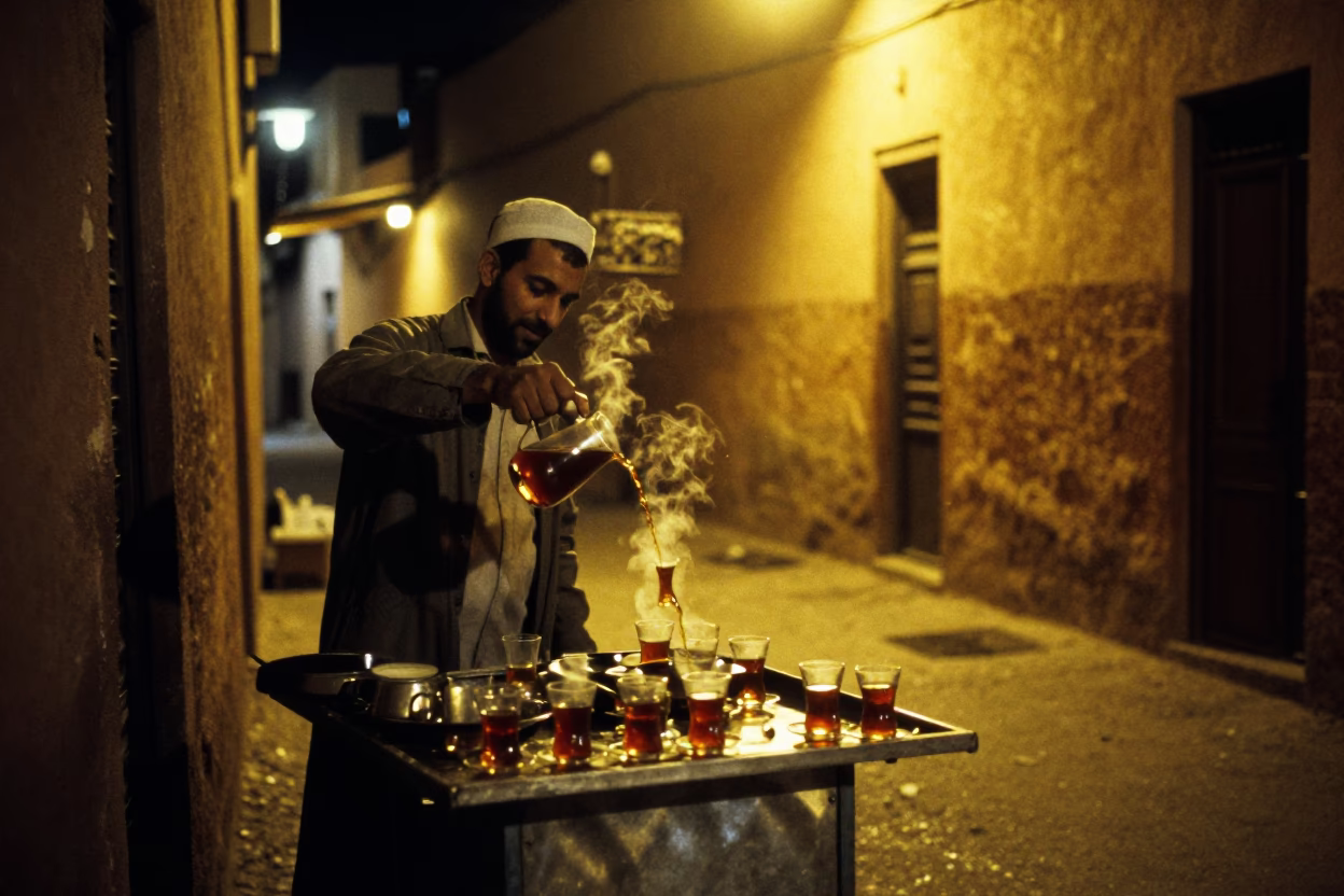 Late Night Marrakech Street Scene with Steaming Glassware and Urban Life in in Marrakech, Morocco