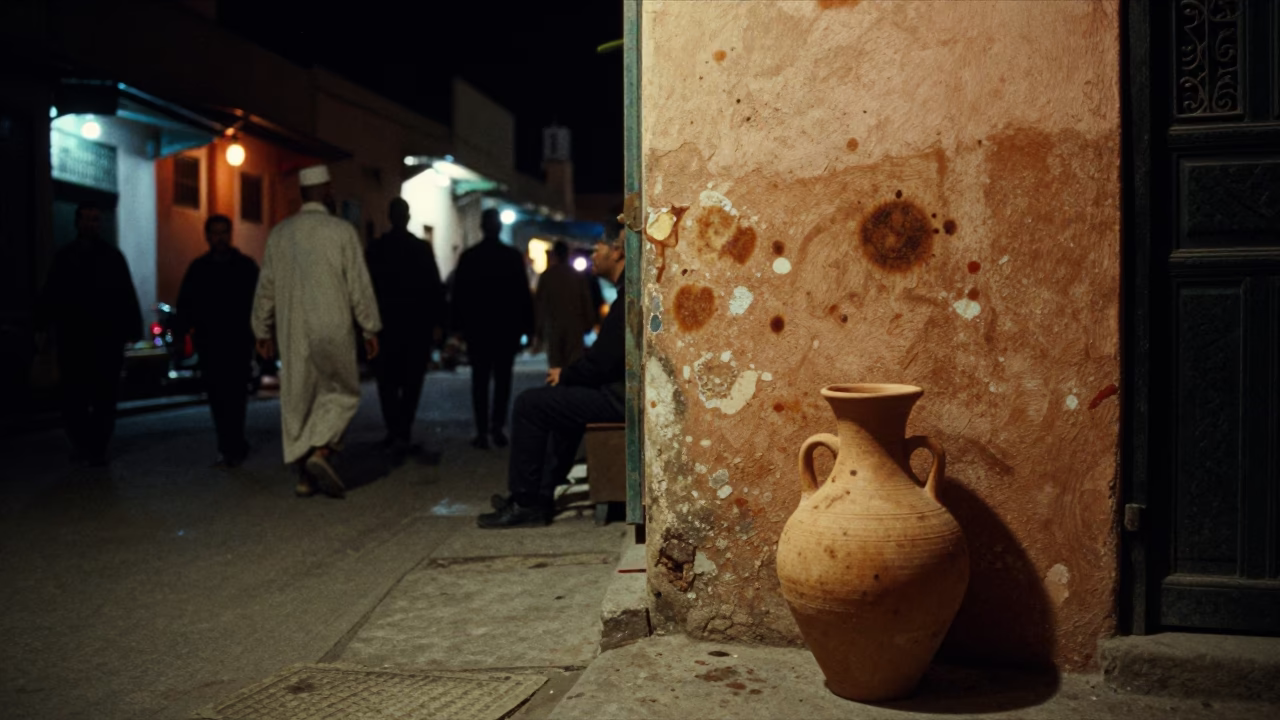 Late Night Marrakech Street Scene with Tea Stains and Clay Pots in in Marrakech, Morocco
