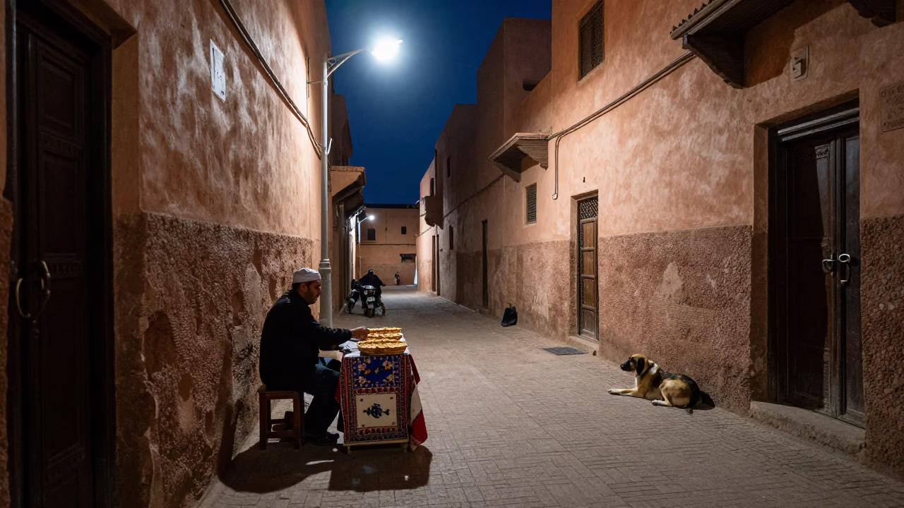 Late Night Marrakech Street Scene with Traditional Decor and Local Activity in in Marrakech, Morocco