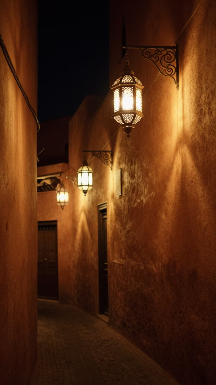 Late Night Marrakech Street Scene with Traditional Lanterns and Historic Architecture in in Marrakech, Morocco