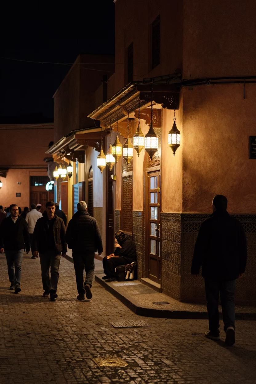 Late Night Marrakech Street Scene with Traditional Lanterns and Local Diners in in Marrakech, Morocco