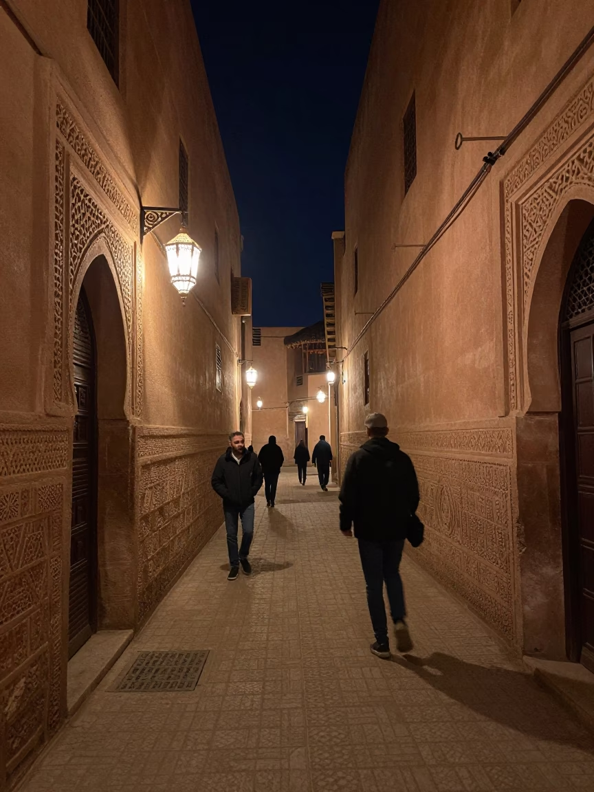 Late Night Marrakech Street Scene with Traditional Lanterns and Local Vendor in in Marrakech, Morocco