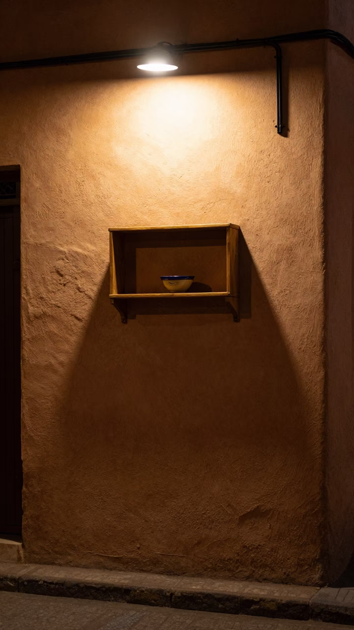Late Night Marrakech Street Scene with Wall Shelf and Fingerprints in Old Medina in in Marrakech, Morocco