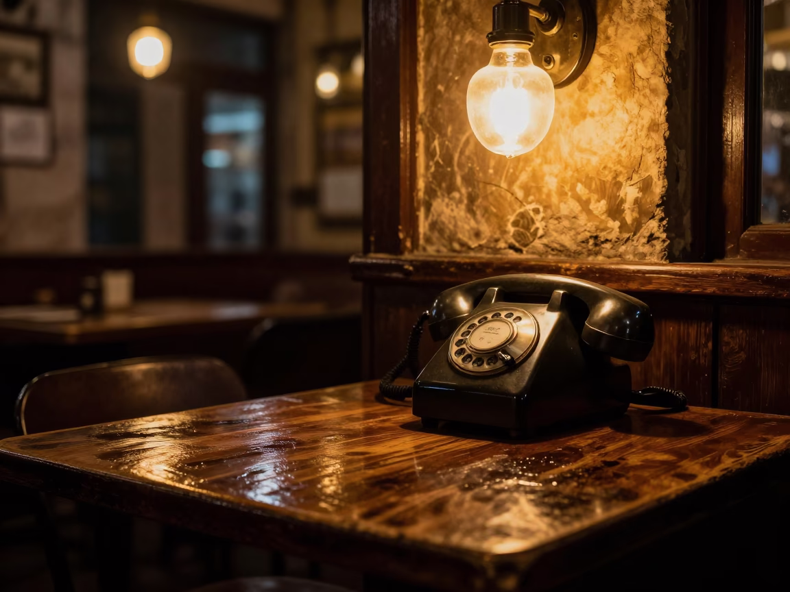 Late Night Marseille Bistro Interior with Vintage Bakelite Phone and Grease Stained Table in in Marseille, France