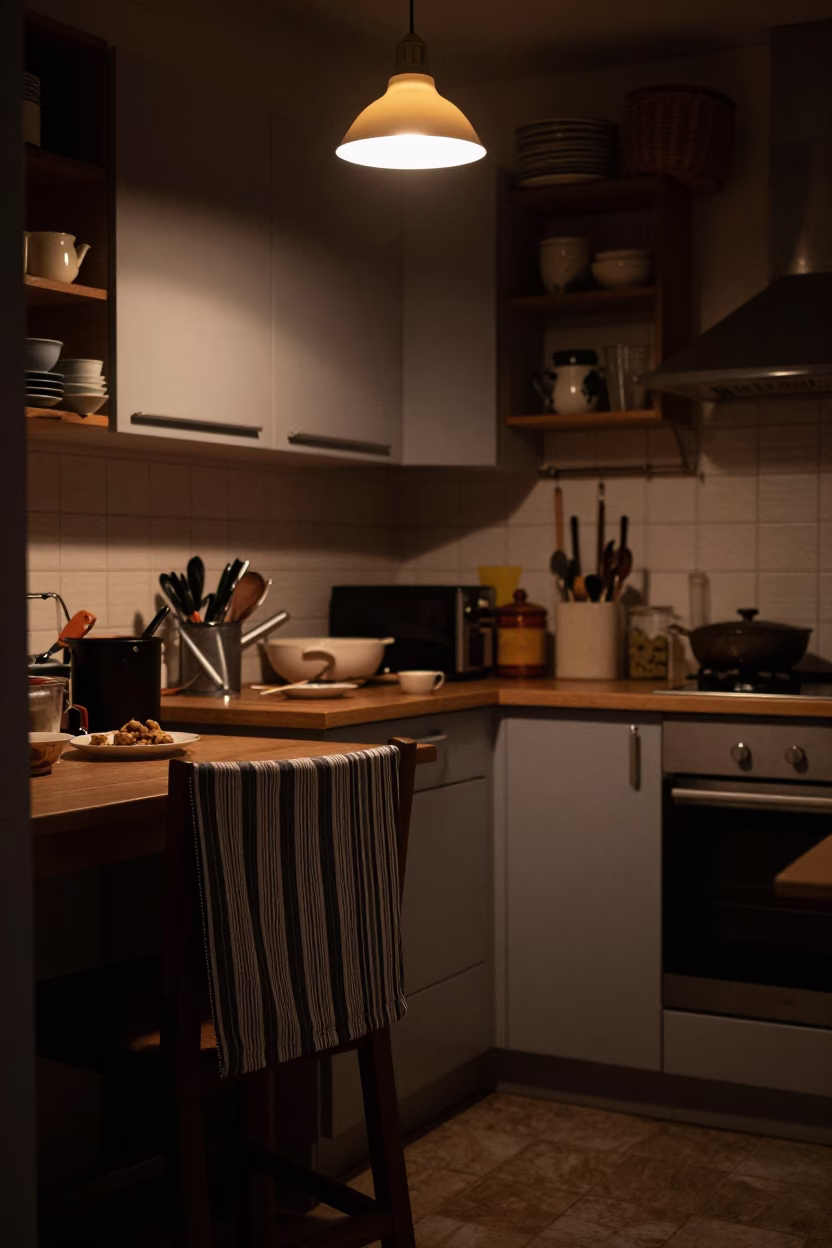 Late Night Marseille Kitchen with Striped Fabric and Charcoal Stick in in Marseille, France