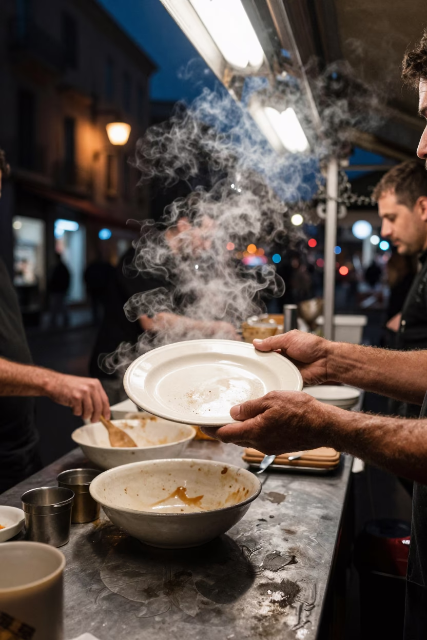 Late Night Marseille Street Food Scene with Ceramic Plate and Smudged Lamp in in Marseille, France